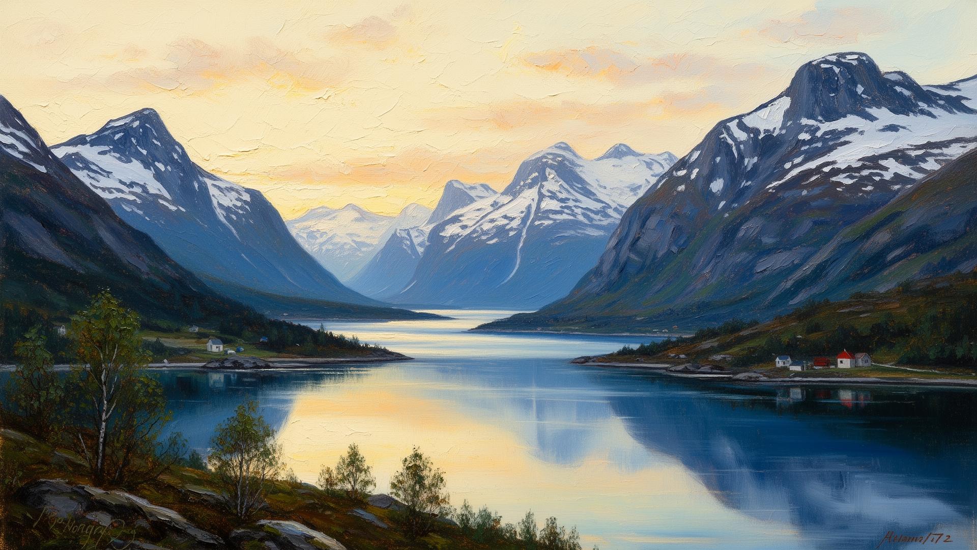 Scandinavian landscape with pine forest and lake at dusk